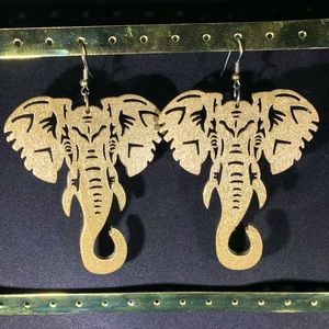 Metallic Wooden Elephant Head Earrings